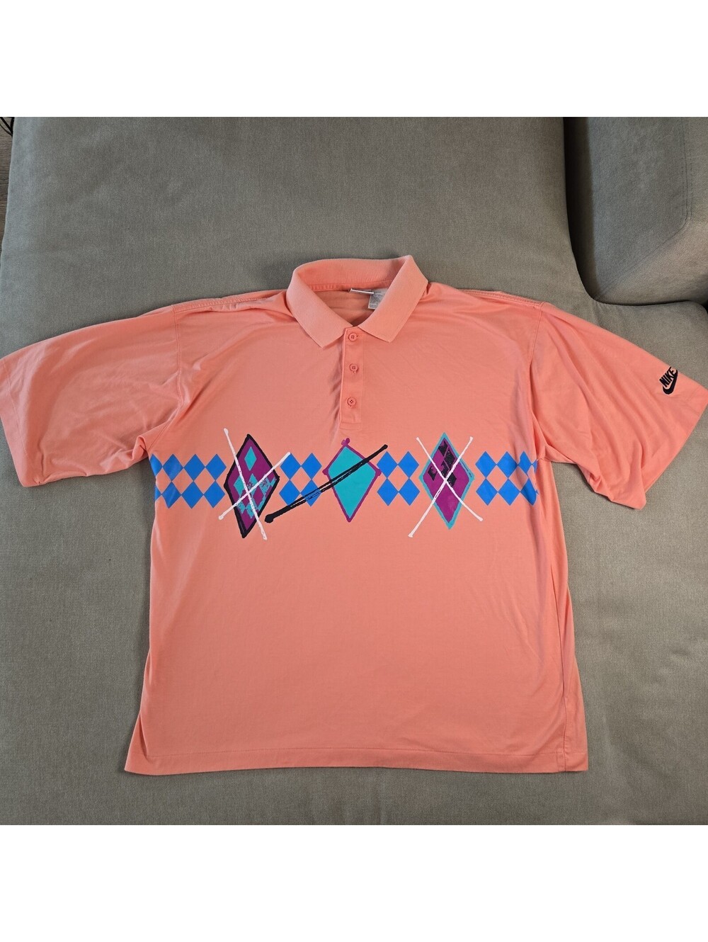 Vintage Nike Pink Polo Shirt 90s Geometric Print Men's Large Agassi Tennis Court
